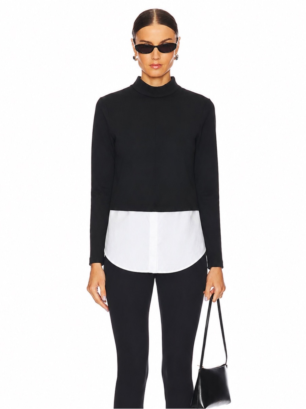Theory Black Button-Front Layered Top with White Shirttail